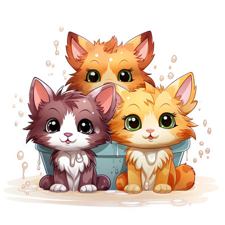 Adorable illustrated kittens in a water tub, surrounded by fresh flowers, exuding charm and intricate detailsの素材