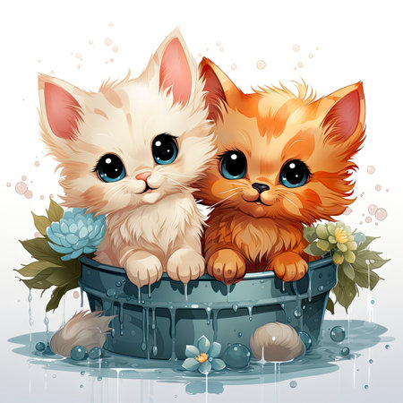 Adorable illustrated kittens in a water tub, surrounded by fresh flowers, exuding charm and intricate detailsの素材
