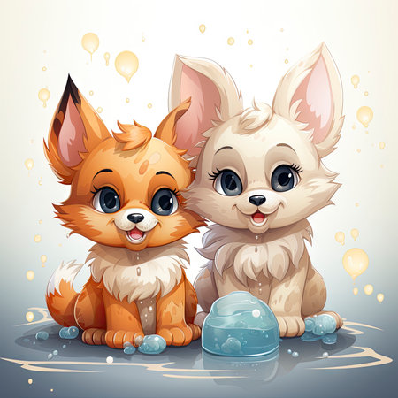 Adorable illustrated kittens in a water tub, surrounded by fresh flowers, exuding charm and intricate detailsの素材