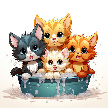 Adorable illustrated kittens in a water tub, surrounded by fresh flowers, exuding charm and intricate detailsの素材
