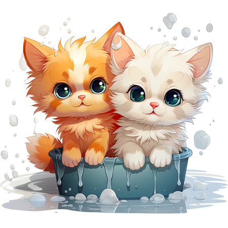 Adorable illustrated kittens in a water tub, surrounded by fresh flowers, exuding charm and intricate detailsの素材