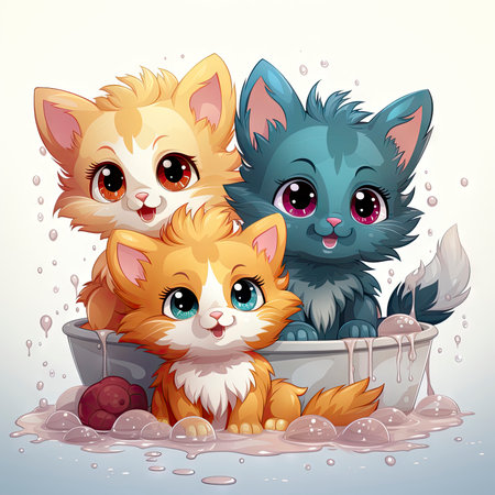 Adorable illustrated kittens in a water tub, surrounded by fresh flowers, exuding charm and intricate detailsの素材