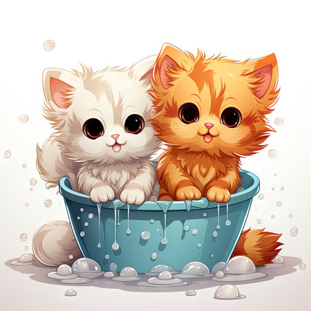 Adorable illustrated kittens in a water tub, surrounded by fresh flowers, exuding charm and intricate detailsの素材