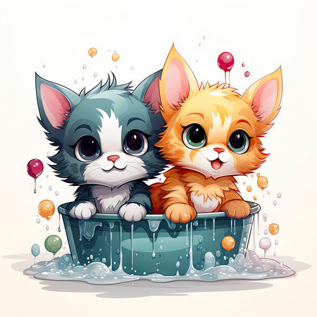Adorable illustrated kittens in a water tub, surrounded by fresh flowers, exuding charm and intricate detailsの素材
