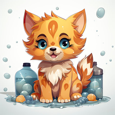 Adorable illustrated kittens in a water tub, surrounded by fresh flowers, exuding charm and intricate detailsの素材