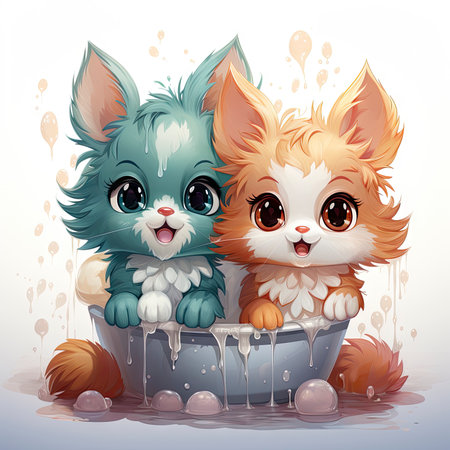 Adorable illustrated kittens in a water tub, surrounded by fresh flowers, exuding charm and intricate detailsの素材