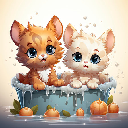Adorable illustrated kittens in a water tub, surrounded by fresh flowers, exuding charm and intricate detailsの素材
