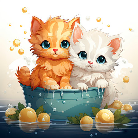 Adorable illustrated kittens in a water tub, surrounded by fresh flowers, exuding charm and intricate detailsの素材