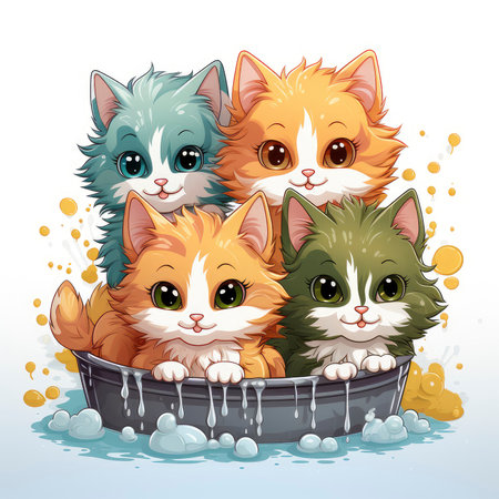 Adorable illustrated kittens in a water tub, surrounded by fresh flowers, exuding charm and intricate detailsの素材