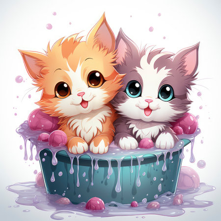 Adorable illustrated kittens in a water tub, surrounded by fresh flowers, exuding charm and intricate detailsの素材