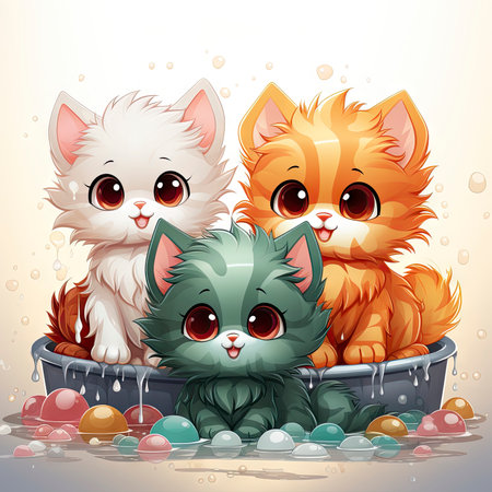 Adorable illustrated kittens in a water tub, surrounded by fresh flowers, exuding charm and intricate detailsの素材