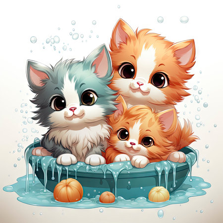 Adorable illustrated kittens in a water tub, surrounded by fresh flowers, exuding charm and intricate detailsの素材