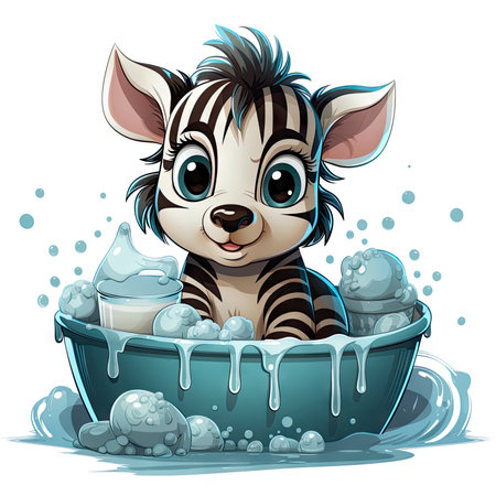 Illustrated zebra foal amidst glistening bubbles, showcasing whimsy and intricate design detailsの素材