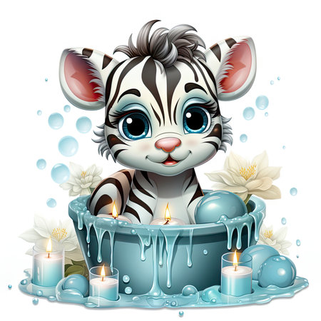 Illustrated zebra foal amidst glistening bubbles, showcasing whimsy and intricate design detailsの素材