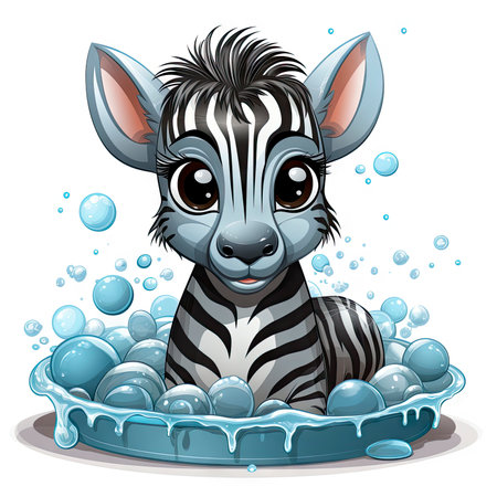 Illustrated zebra foal amidst glistening bubbles, showcasing whimsy and intricate design detailsの素材