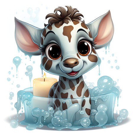 Illustrated zebra foal amidst glistening bubbles, showcasing whimsy and intricate design detailsの素材