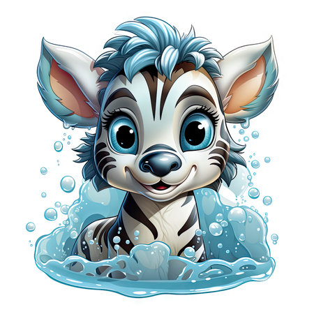 Illustrated zebra foal amidst glistening bubbles, showcasing whimsy and intricate design detailsの素材
