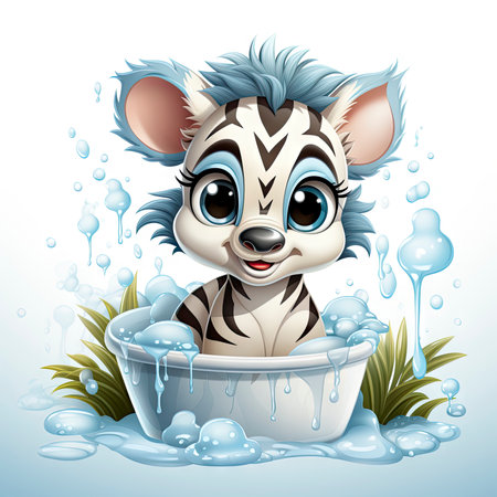 Illustrated zebra foal amidst glistening bubbles, showcasing whimsy and intricate design detailsの素材