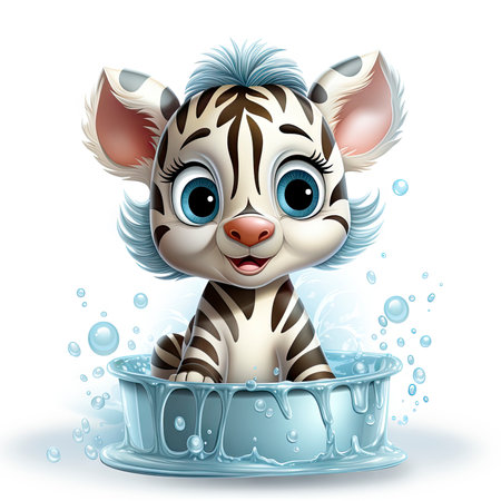 Illustrated zebra foal amidst glistening bubbles, showcasing whimsy and intricate design detailsの素材