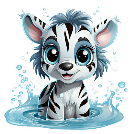 Illustrated zebra foal amidst glistening bubbles, showcasing whimsy and intricate design detailsの素材