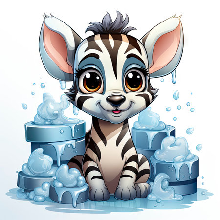 Illustrated zebra foal amidst glistening bubbles, showcasing whimsy and intricate design detailsの素材