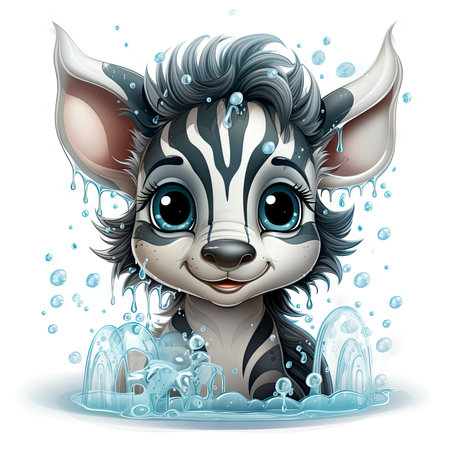 Illustrated zebra foal amidst glistening bubbles, showcasing whimsy and intricate design detailsの素材