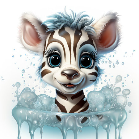 Illustrated zebra foal amidst glistening bubbles, showcasing whimsy and intricate design detailsの素材