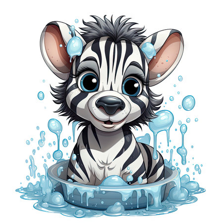 Illustrated zebra foal amidst glistening bubbles, showcasing whimsy and intricate design detailsの素材