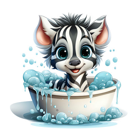 Illustrated zebra foal amidst glistening bubbles, showcasing whimsy and intricate design detailsの素材