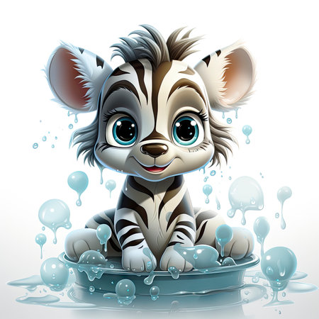 Illustrated zebra foal amidst glistening bubbles, showcasing whimsy and intricate design detailsの素材