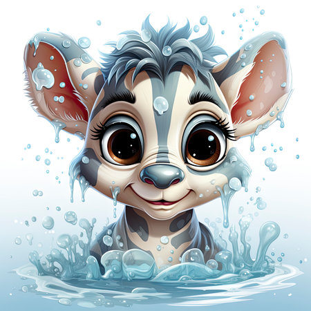 Illustrated zebra foal amidst glistening bubbles, showcasing whimsy and intricate design detailsの素材