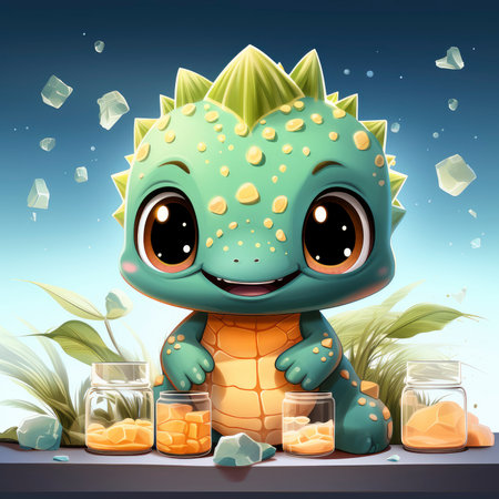 Joyful illustrated baby dragon splashing in water, surrounded by vibrant flowers and playful dropletsの素材