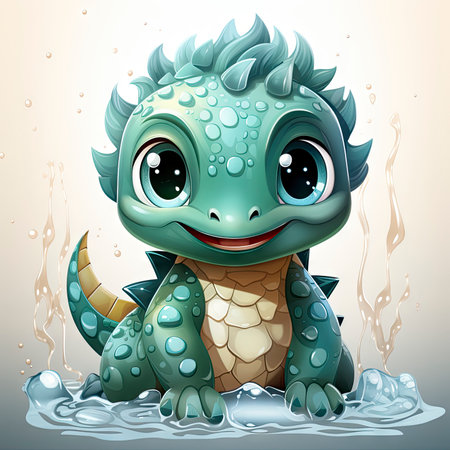 Joyful illustrated baby dragon splashing in water, surrounded by vibrant flowers and playful dropletsの素材