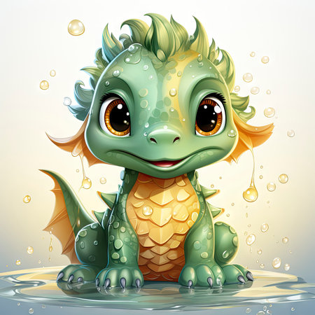 Joyful illustrated baby dragon splashing in water, surrounded by vibrant flowers and playful dropletsの素材