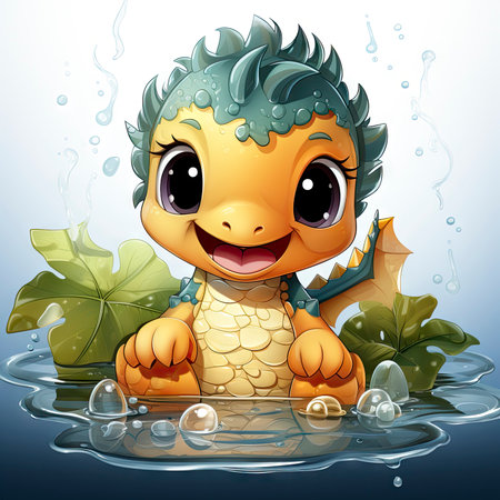 Joyful illustrated baby dragon splashing in water, surrounded by vibrant flowers and playful dropletsの素材