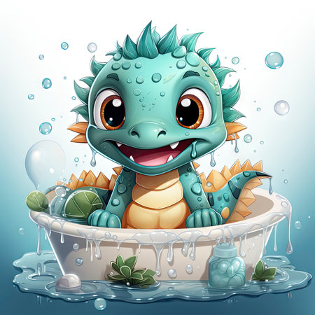 Joyful illustrated baby dragon splashing in water, surrounded by vibrant flowers and playful dropletsの素材