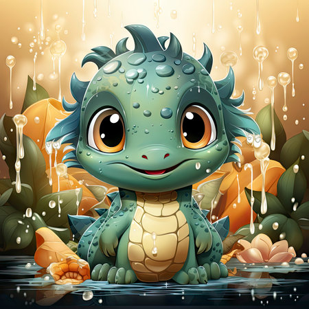 Joyful illustrated baby dragon splashing in water, surrounded by vibrant flowers and playful dropletsの素材