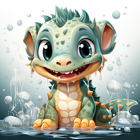 Joyful illustrated baby dragon splashing in water, surrounded by vibrant flowers and playful dropletsの素材