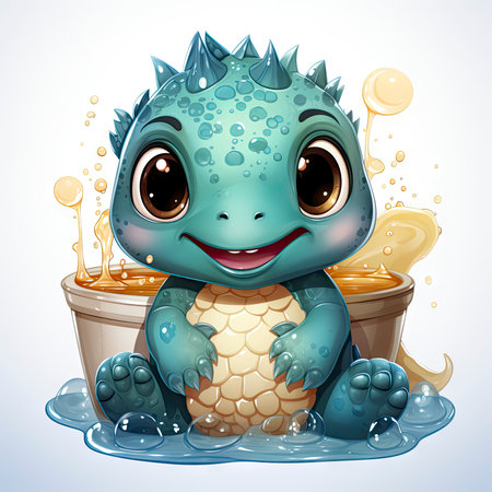 Joyful illustrated baby dragon splashing in water, surrounded by vibrant flowers and playful dropletsの素材