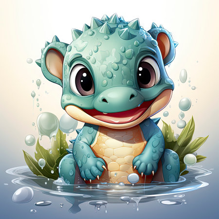 Joyful illustrated baby dragon splashing in water, surrounded by vibrant flowers and playful dropletsの素材