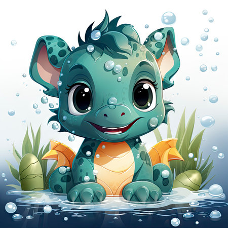 Joyful illustrated baby dragon splashing in water, surrounded by vibrant flowers and playful dropletsの素材