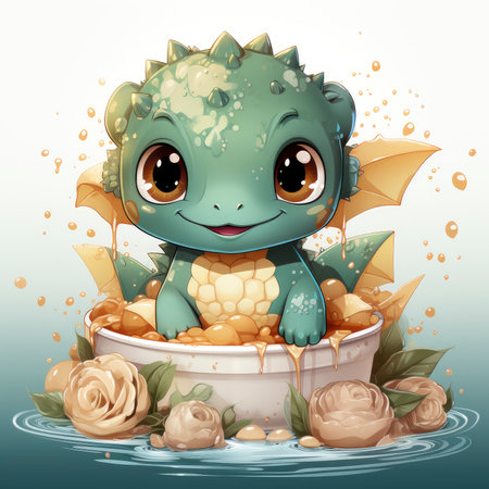 Delightful baby dragon enjoying a splash, surrounded by bubbles, with cute bottles and vibrant flower. Ideal for fantasy themesの素材