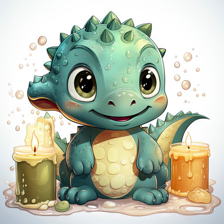 Delightful baby dragon enjoying a splash, surrounded by bubbles, with cute bottles and vibrant flower. Ideal for fantasy themesの素材