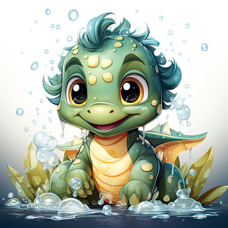 Delightful baby dragon enjoying a splash, surrounded by bubbles, with cute bottles and vibrant flower. Ideal for fantasy themesの素材