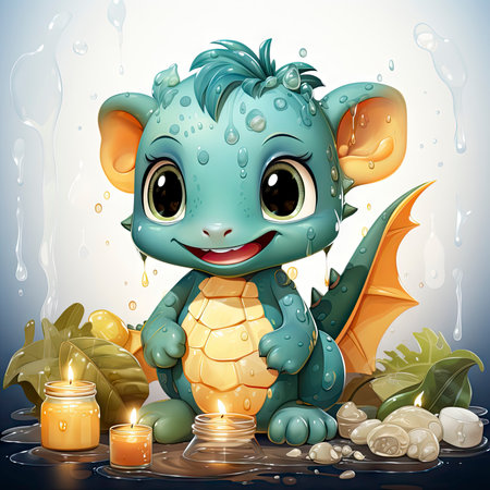 Delightful baby dragon enjoying a splash, surrounded by bubbles, with cute bottles and vibrant flower. Ideal for fantasy themesの素材