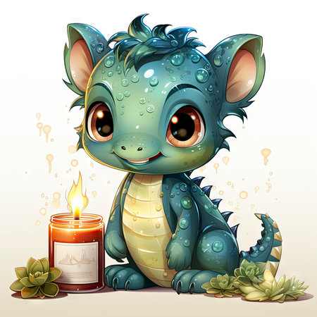 Delightful baby dragon enjoying a splash, surrounded by bubbles, with cute bottles and vibrant flower. Ideal for fantasy themesの素材