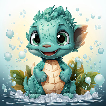 Delightful baby dragon enjoying a splash, surrounded by bubbles, with cute bottles and vibrant flower. Ideal for fantasy themesの素材