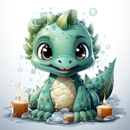Delightful baby dragon enjoying a splash, surrounded by bubbles, with cute bottles and vibrant flower. Ideal for fantasy themesの素材