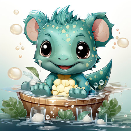 Delightful baby dragon enjoying a splash, surrounded by bubbles, with cute bottles and vibrant flower. Ideal for fantasy themesの素材