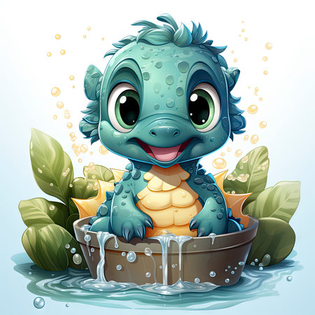 Delightful baby dragon enjoying a splash, surrounded by bubbles, with cute bottles and vibrant flower. Ideal for fantasy themesの素材